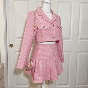 Velour tweed long sleeve cropped jacket + pleated skirt set